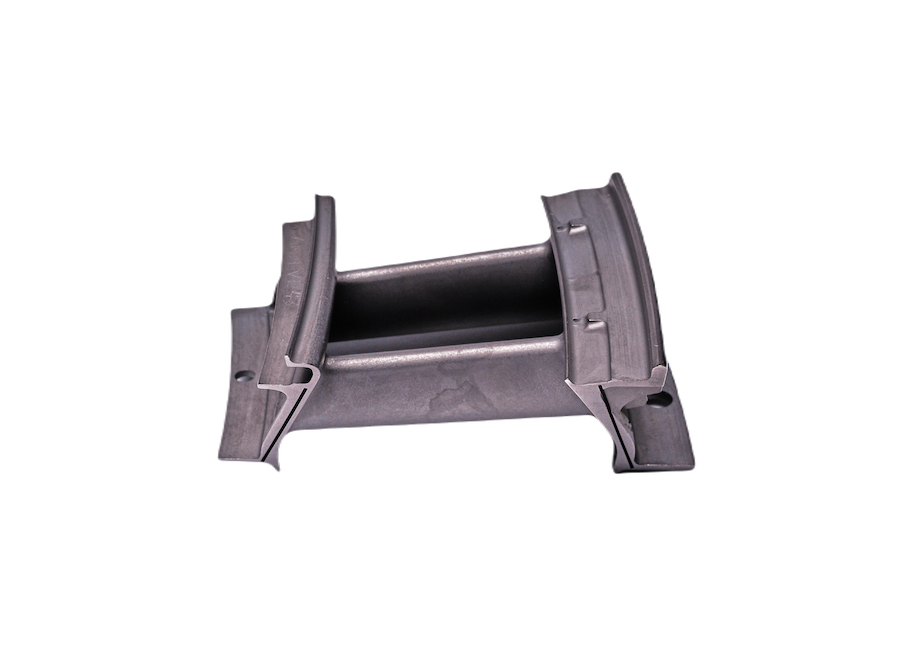 A detailed view of a turbine blade component on a white background.