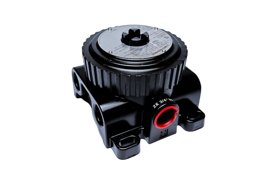 Industrial rotary actuator with metal casing and labeled specifications.