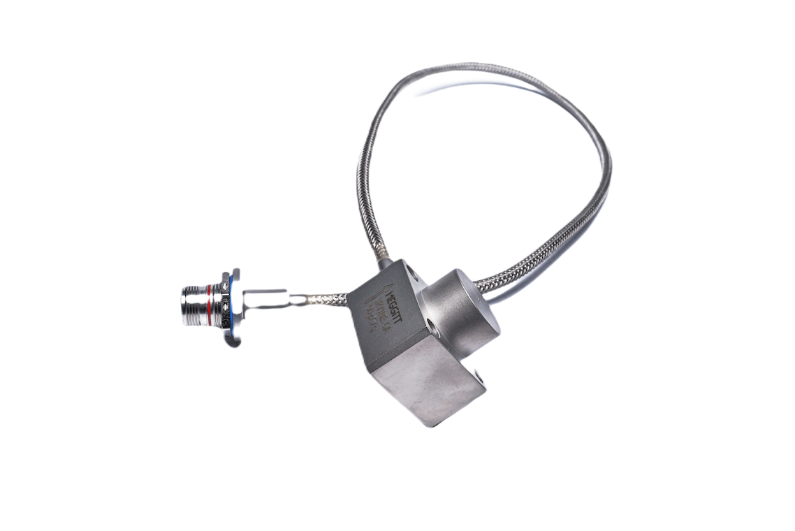Industrial electrical connector with braided cable and metal casing on a white background.