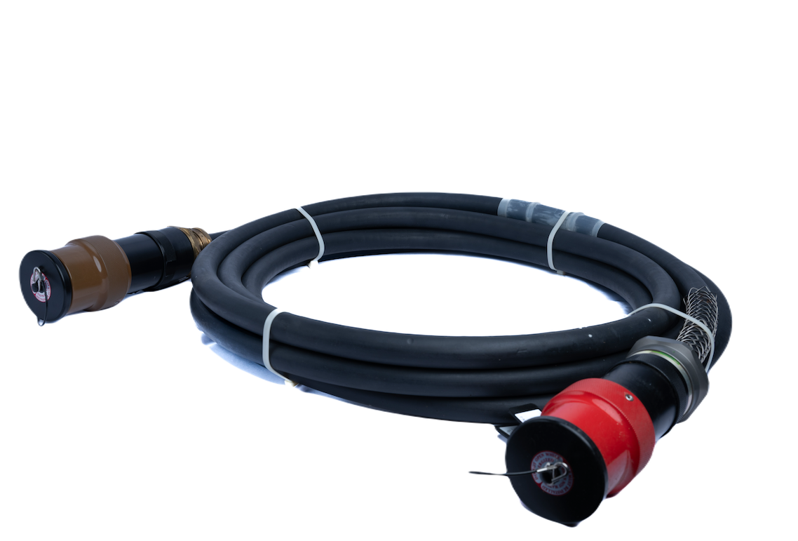 Coiled black industrial hose with connectors at each end, featuring brown and red fittings.