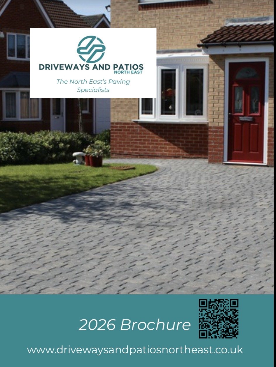 Brochure cover for Driveways and Patios North East, featuring a driveway leading up to a house with a red front door and white bay window, with text about the company's 2026 brochure and website.