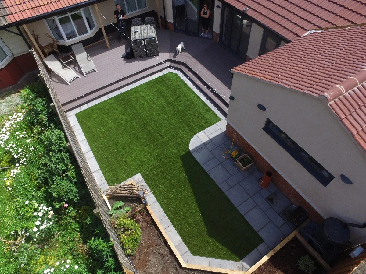 Aerial view of an artificial grass installation, aswell as composite decking we installed in Sunderland