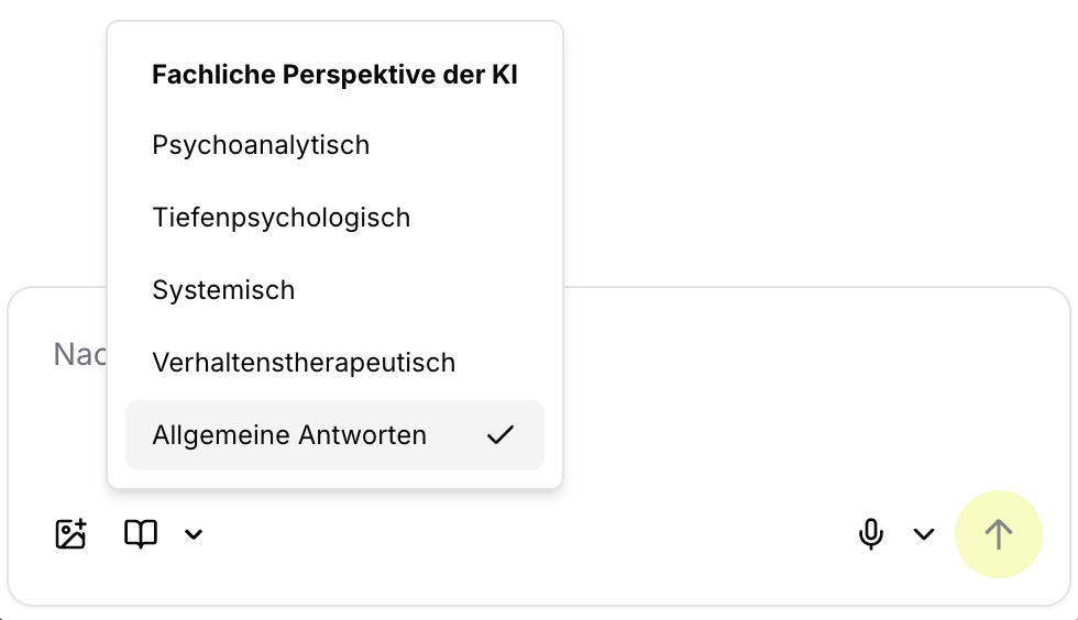 Auswahl der fachlichen Perspektive: psychoanalytisch, tiefenpsychologisch, systemisch, verhaltenstherapeutisch oder allgemeine Antworten