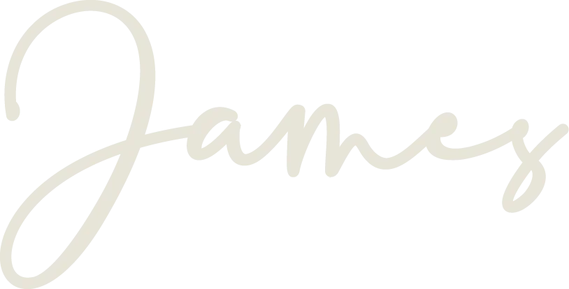Beige cursive signature spelling "James" on a white background.