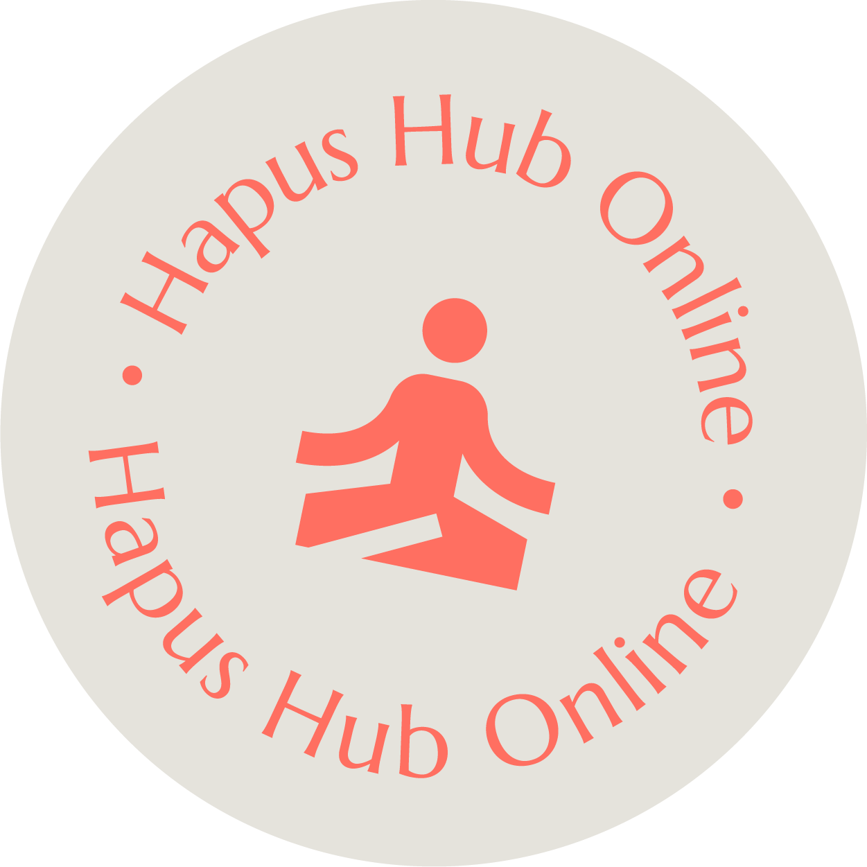 A badge with text that reads 'Hapus Hub Online' repeated in a circle. In the centre, there is an icon of a simplified human figure sitting cross-legged with arms extended outward.