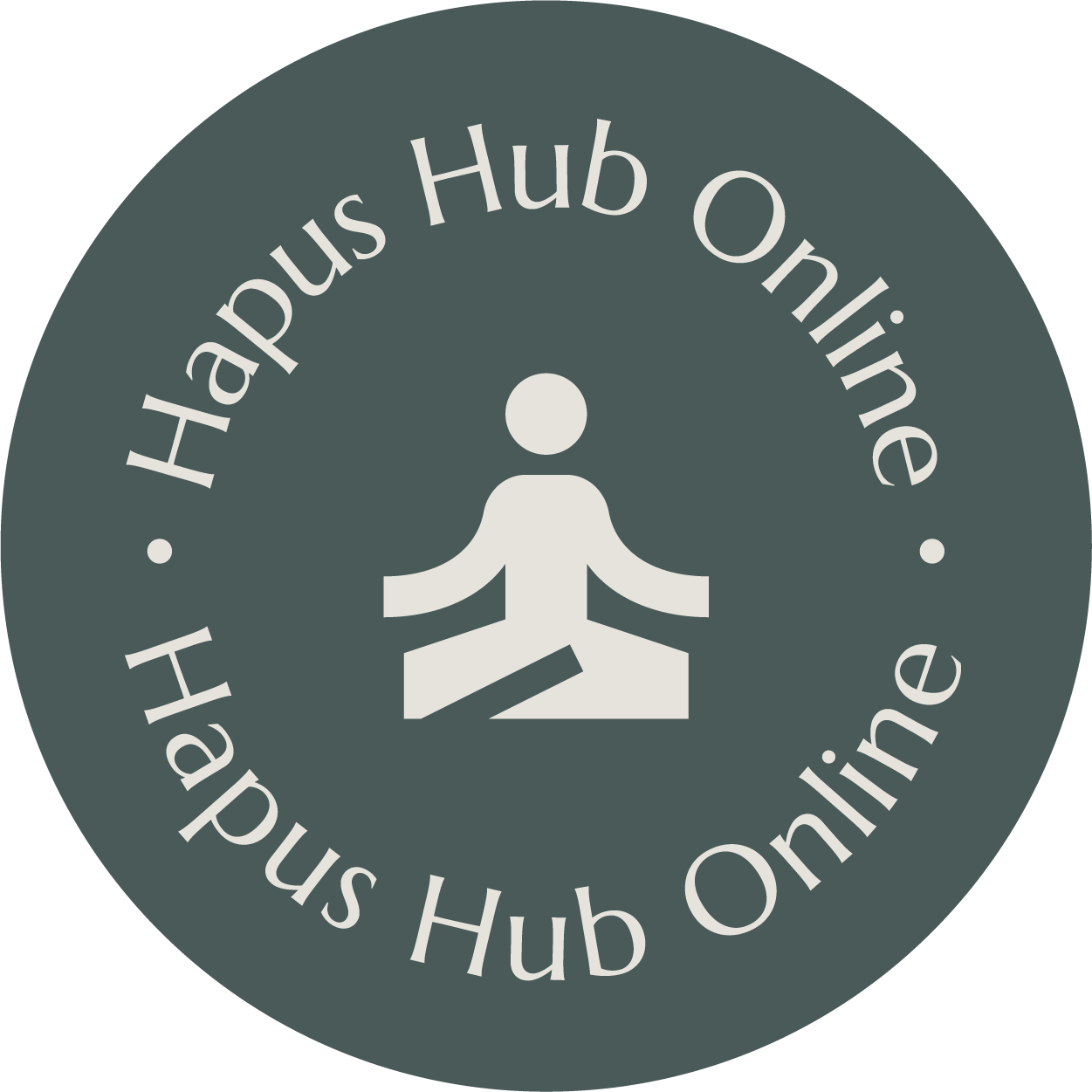 A badge with text that reads 'Hapus Hub Online' repeated in a circle. In the centre, there is an icon of a simplified human figure sitting cross-legged with arms extended outward.