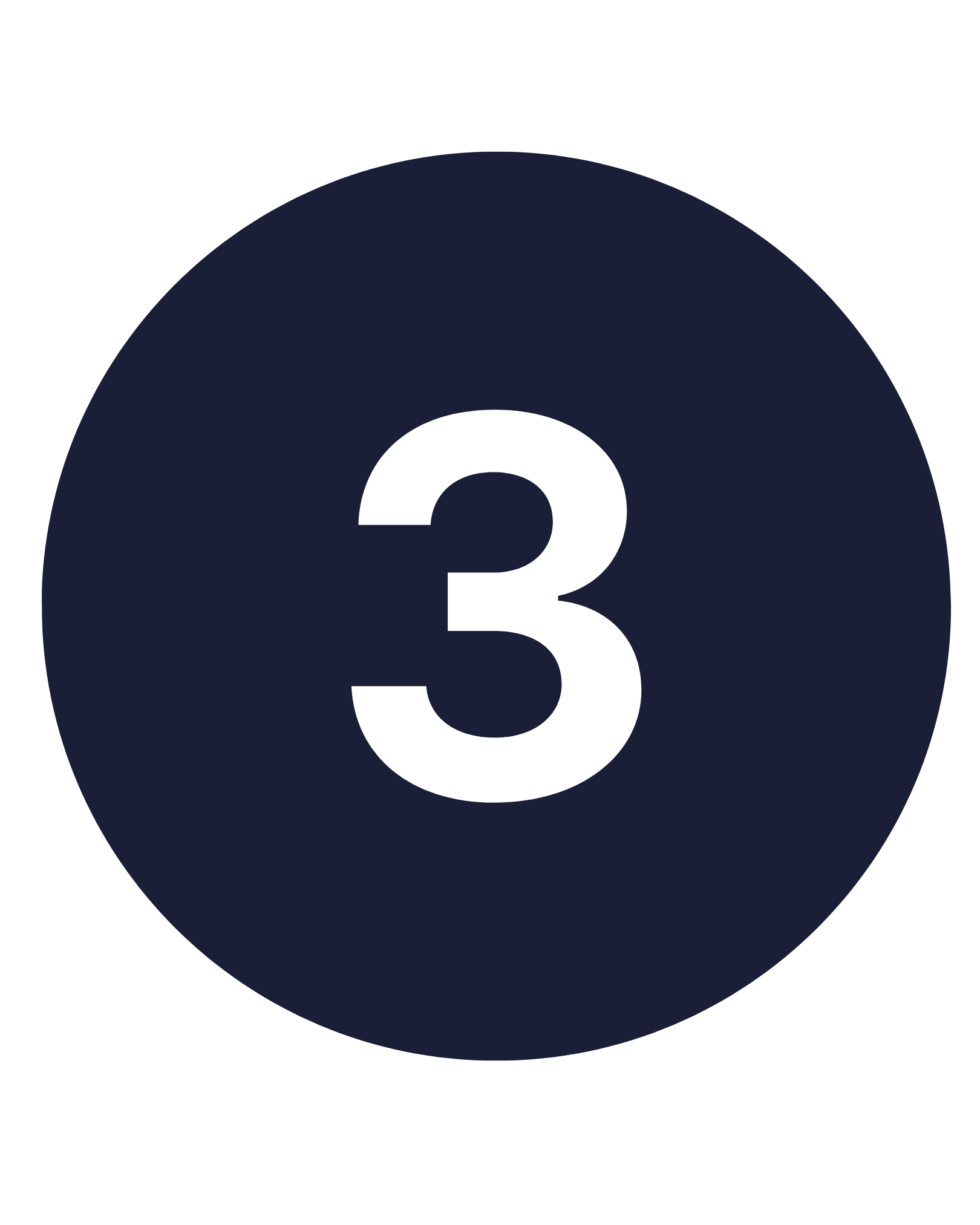 En mørk blå sirkel med en stor svart tall 3 i midten.