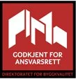 Logo for Direktoratet for byggkvalitet med tekst "Godkjent for ansvarsrett"