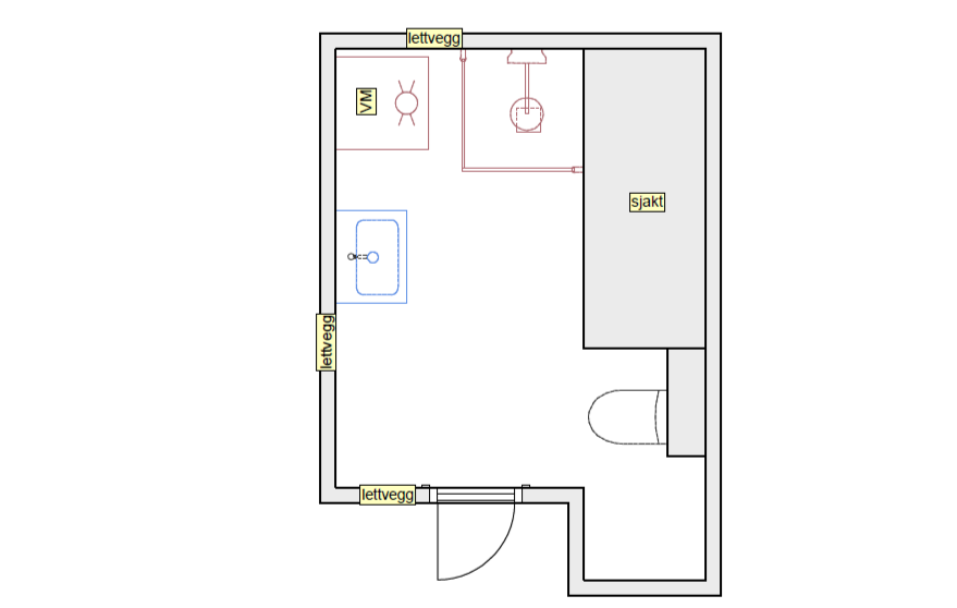 Oversiktsbilde av et kjellerrom med vask, vaskemaskin, klesskap, toalett, og vegger merket som lettvegg.