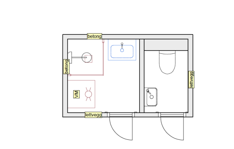 En skisse av et bad med dusj, vask, toalett og vaskemaskin. Gulv og vegger er laget av betong og lette vegger.