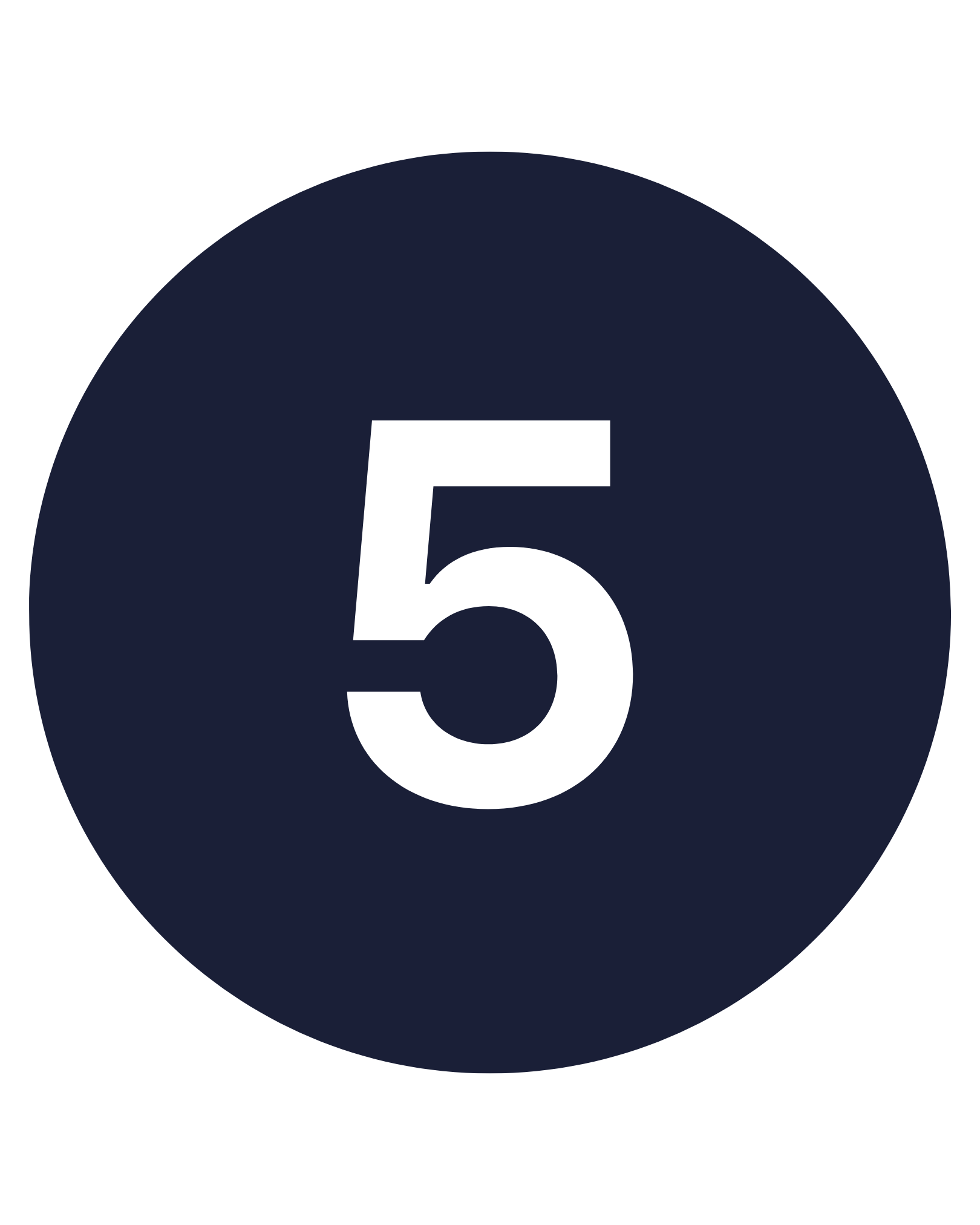 Tall skilt med nummeret 5, hvit tekst på en mørk blå bakgrunn