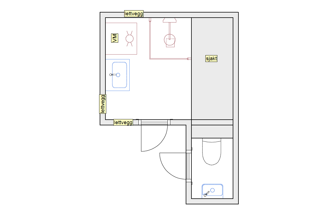 En plantegning av et lite rom, sannsynligvis et vaskerom, med benkeplate, vask, skyvedør, og veggmerker som sier 'lettevgg', 'VM', og 'sjakt'.