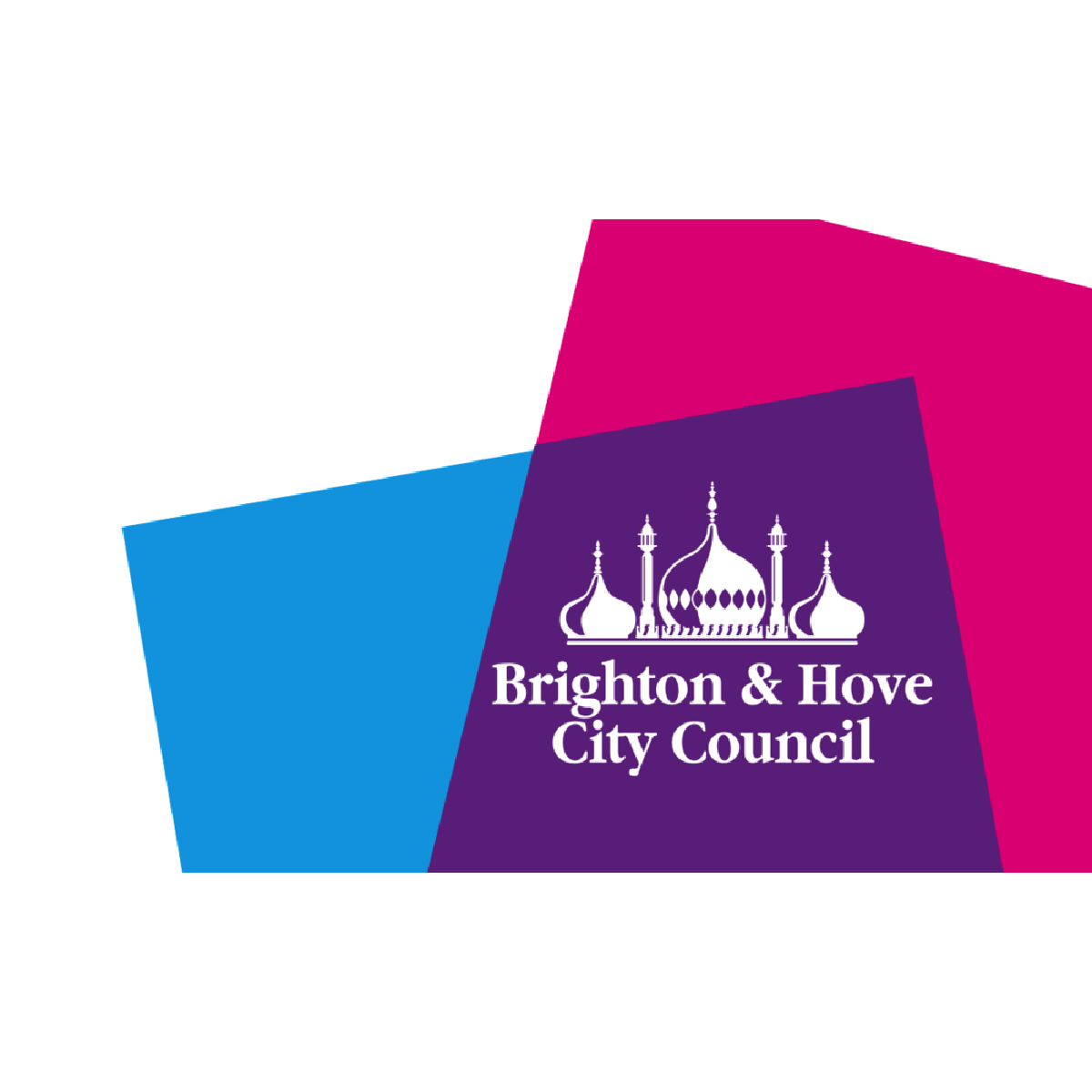 Logo of Brighton & Hove City Council featuring stylized white domes and minarets on a purple background with pink and blue geometric shapes.