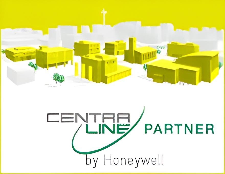 Architectural model of a business complex with yellow buildings and green trees, logo text 'CentraLine Partner by Honeywell' at the bottom.