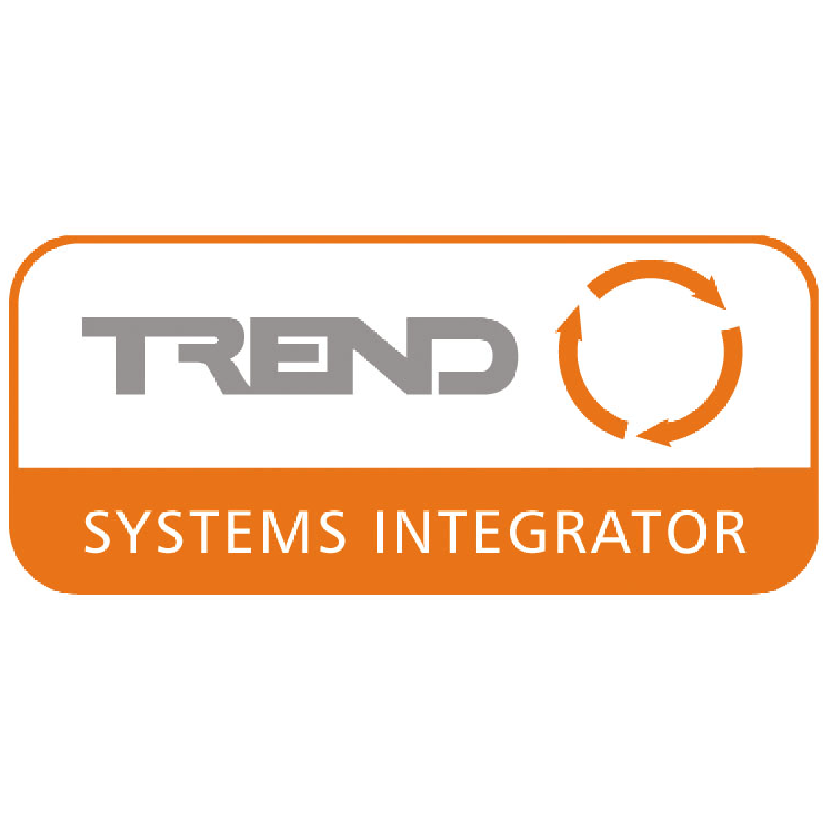 Logo for Trend Systems Integrator with orange and gray text and a circular arrow symbol.