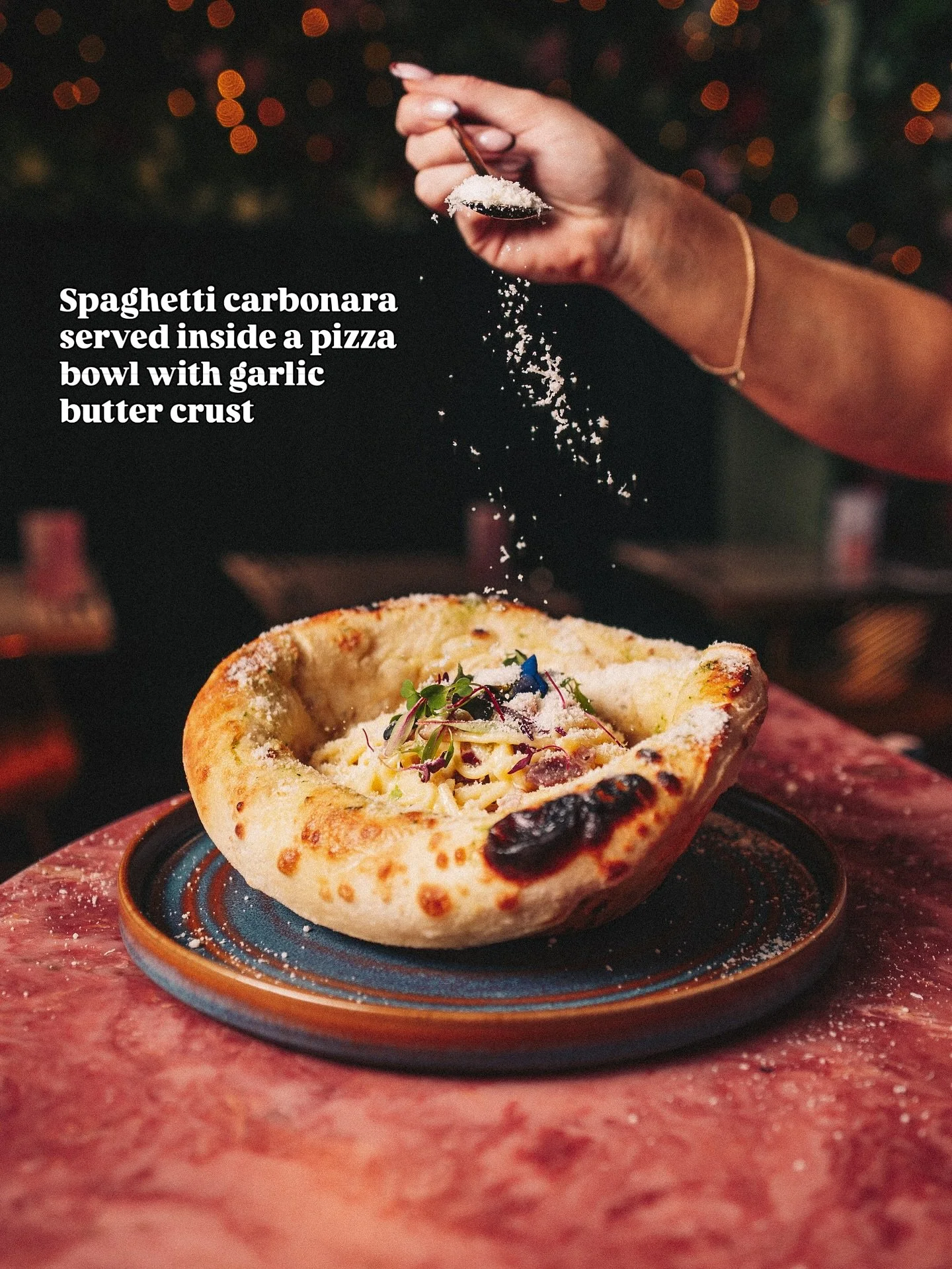 NEW 🍕 Add an edible pizza bowl with garlic butter crust to any pasta for an additional &pound;5! 

Made for tearing, dipping and maybe sharing 👀 

Link in bio to book a table!
