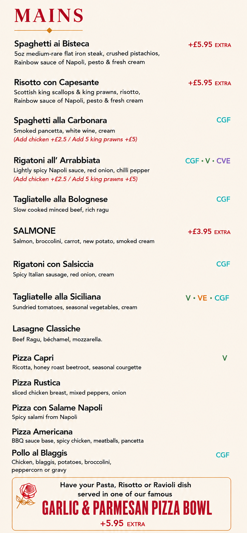 Sannio Italian Restaurant & Bar main menu with pasta, risotto, pizza and Italian dishes