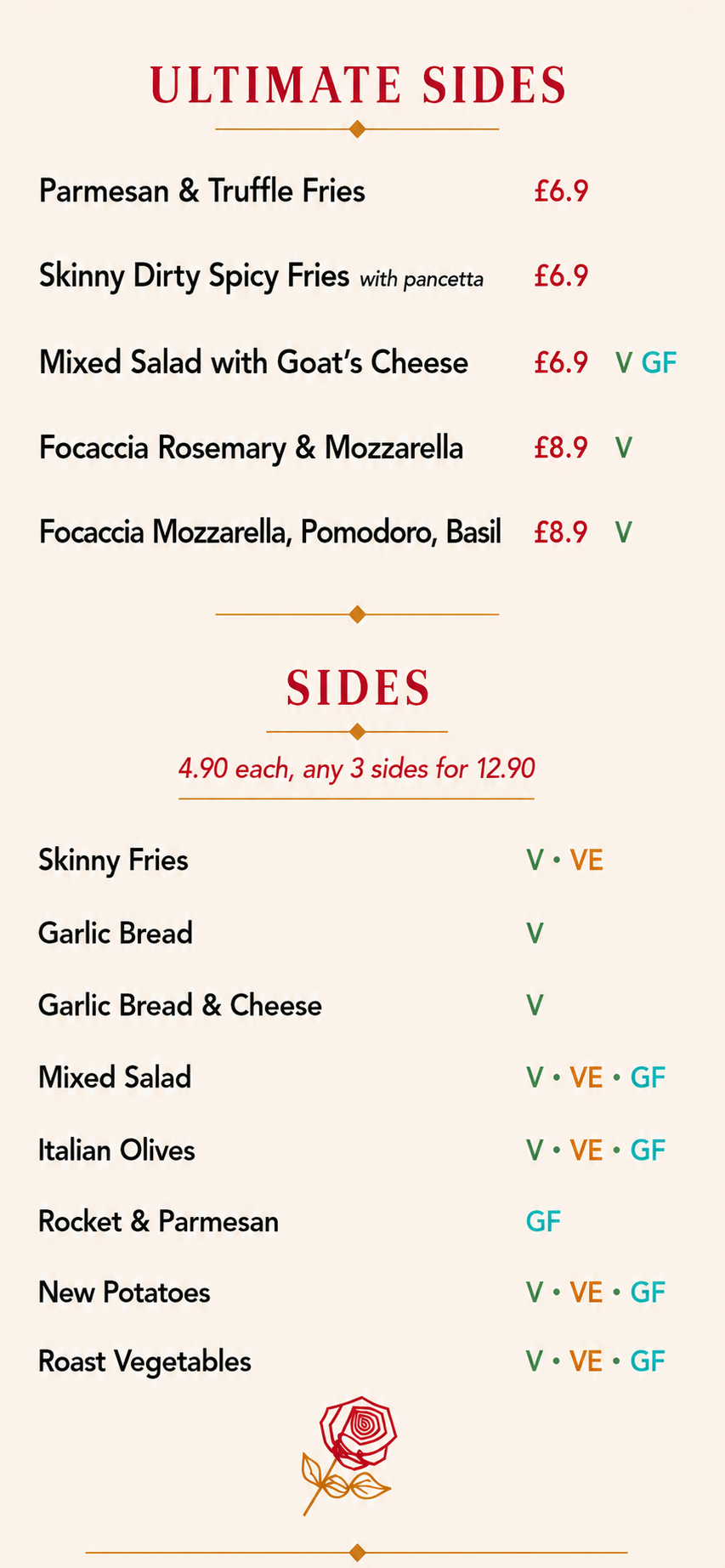 Sannio sides menu with Italian side dishes and dietary options