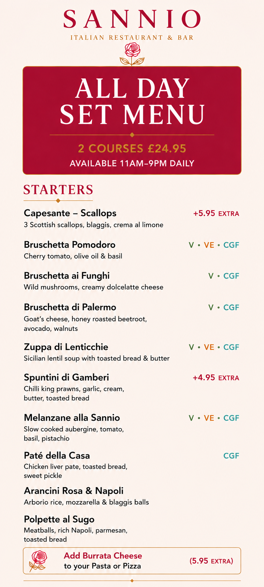 Sannio All Day Set Menu, Menu in full text is below