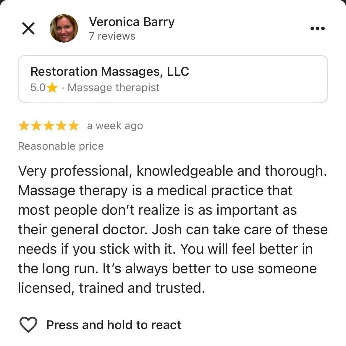 Screenshot of a Google review for Restoration Massages, LLC, with a profile picture of a smiling woman, rating of five stars, and a review praising the professionalism and importance of massage therapy.