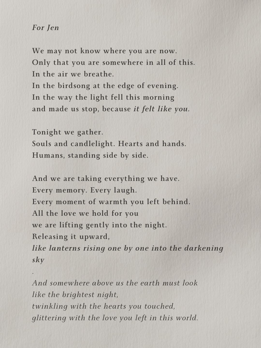 I did not see her enough lately.
That is the reflection does;
it shows you the spaces you left unfilled.
Jen was my friend.
The first person I ever had a spa day with.
A festival companion, a confidante,
someone who understood the particular language