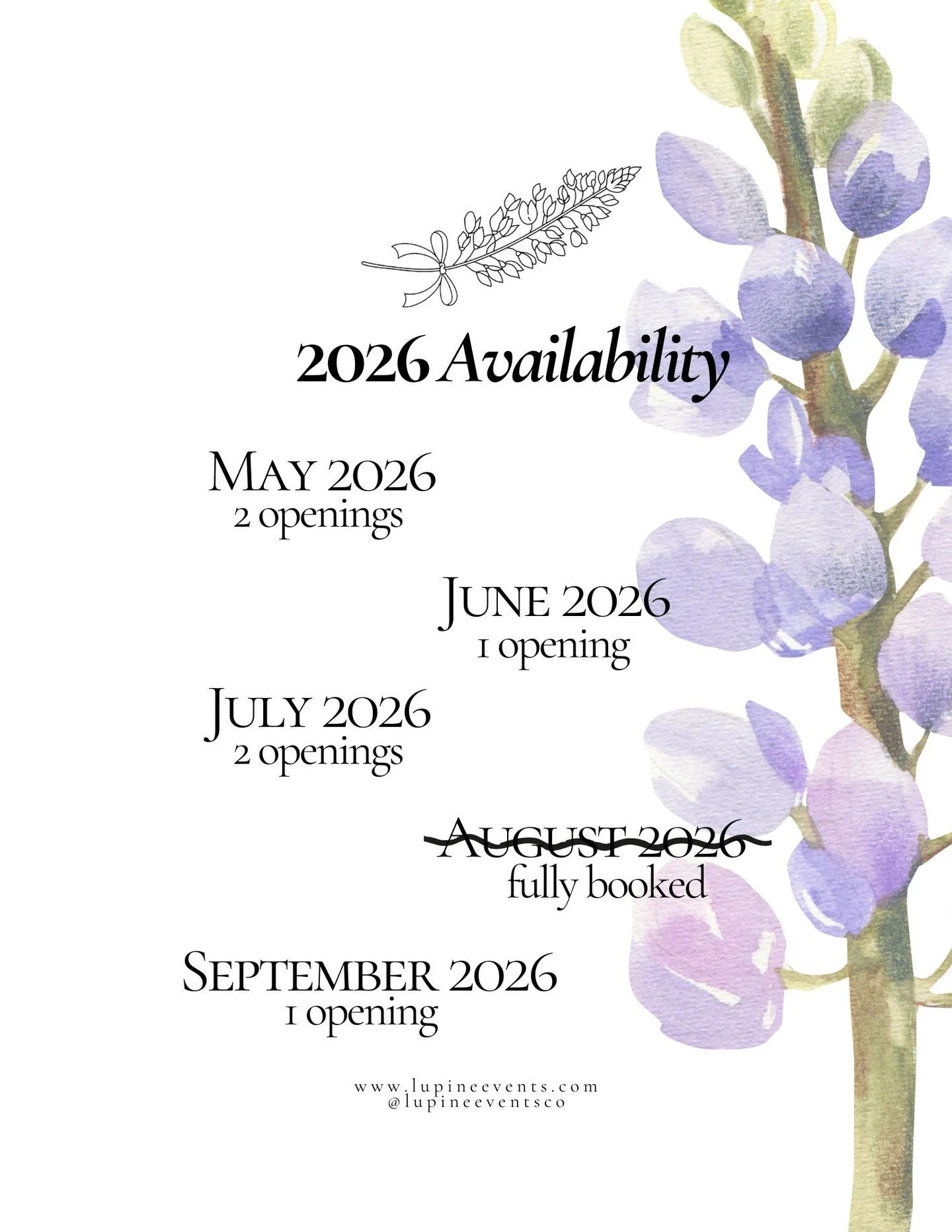 The 2025 season is coming to an end, and I am gearing up for 2026! May 2026 to September 2026 availability shown above, but Lupine Events Co. is open for bookings every month of the year 🗓️ Reach out to see if your date is available today using the 