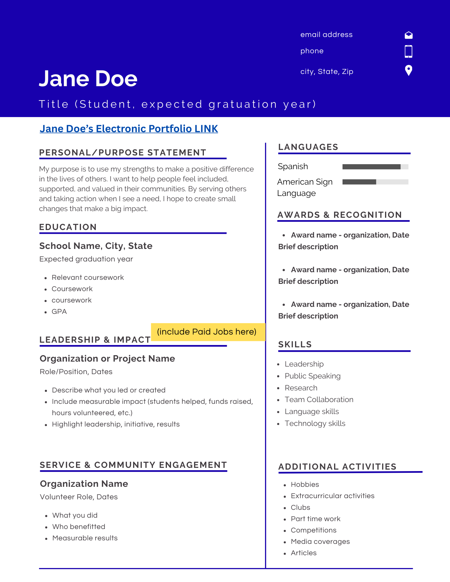 Student Impact Resume Template