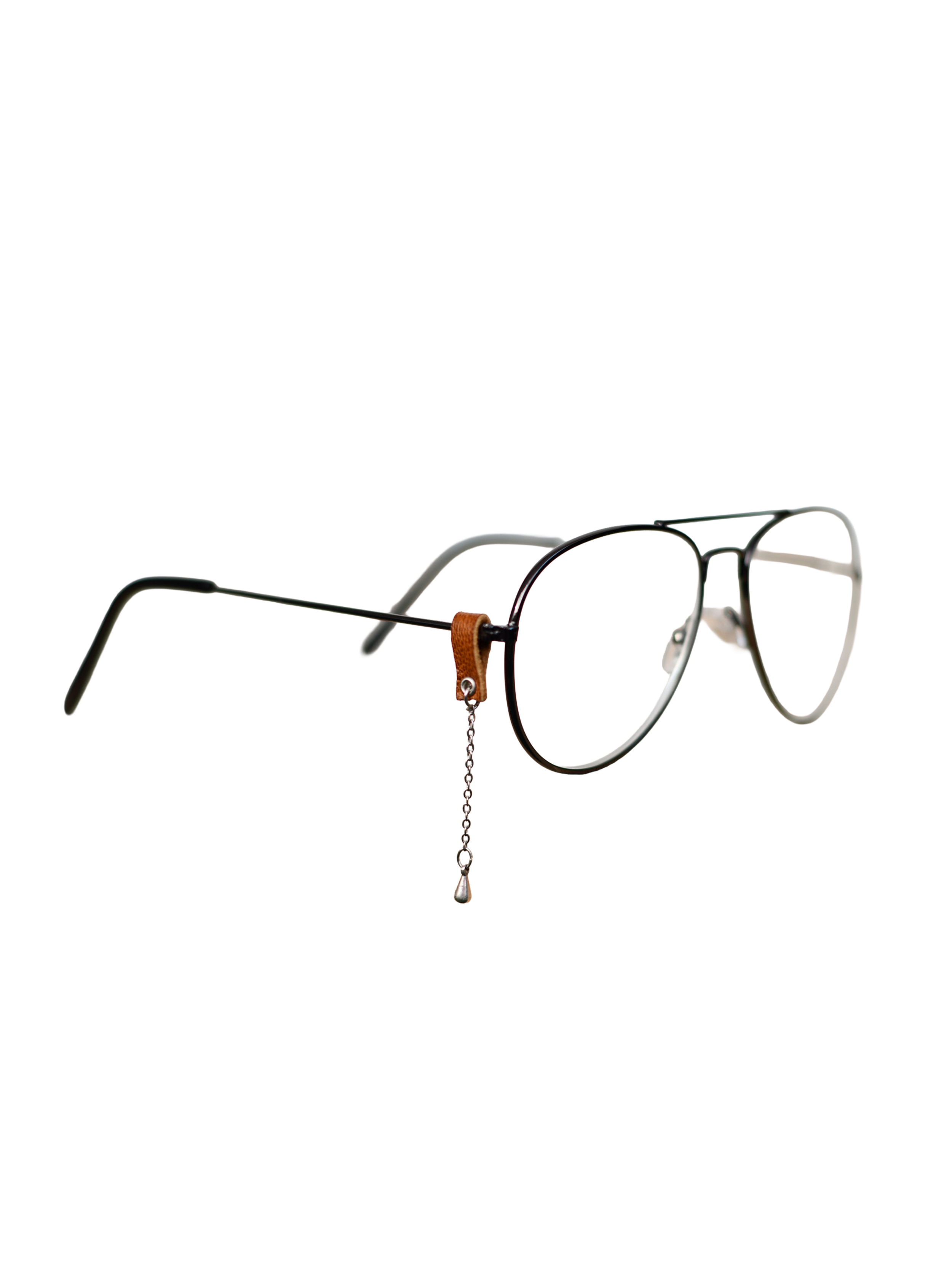 slide on eyeglasses jewellery made of silver plated charm attached to organic brown leather holder
