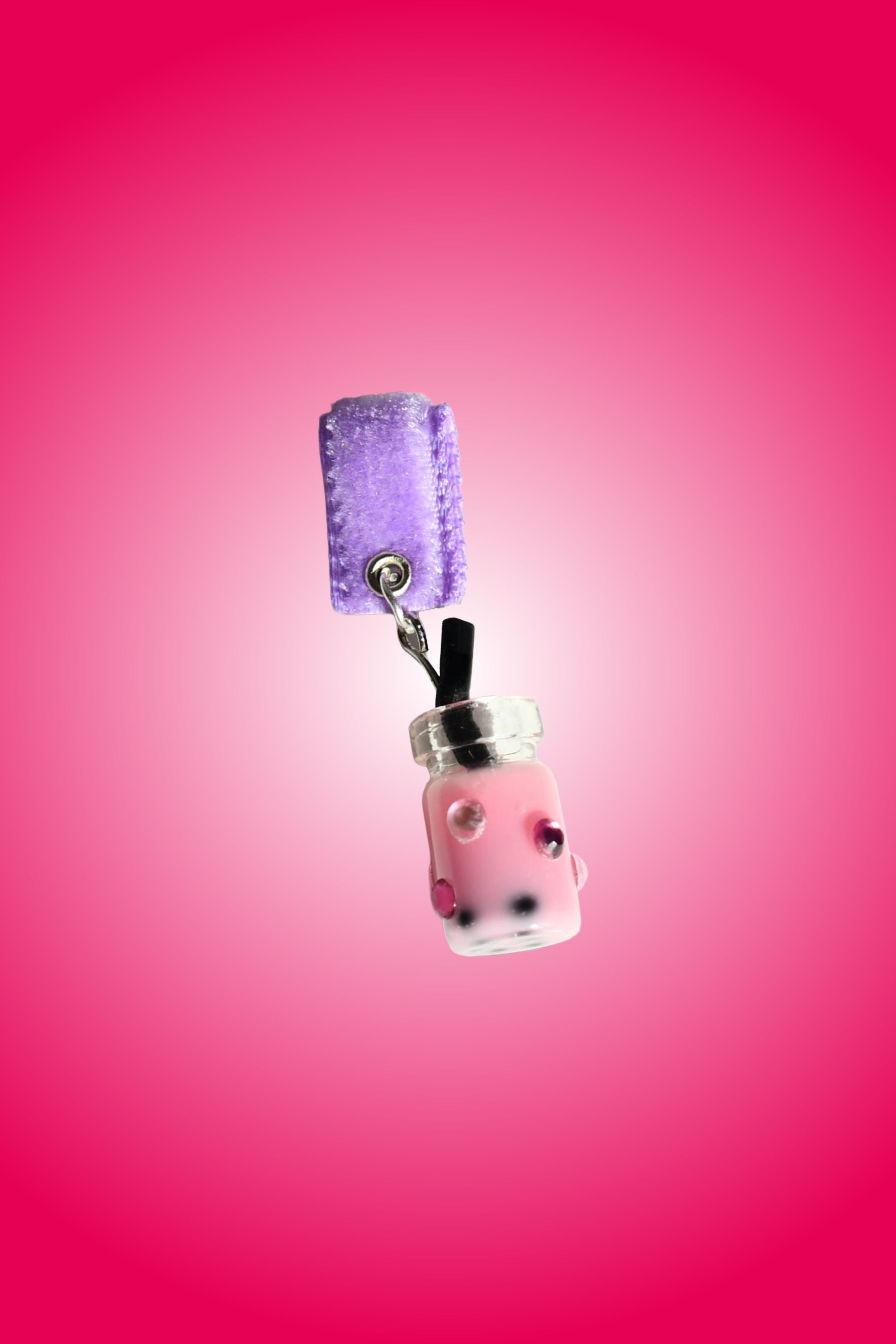 Dragon Fruit Boba Tea Charm attached to purple soft fabric holder
