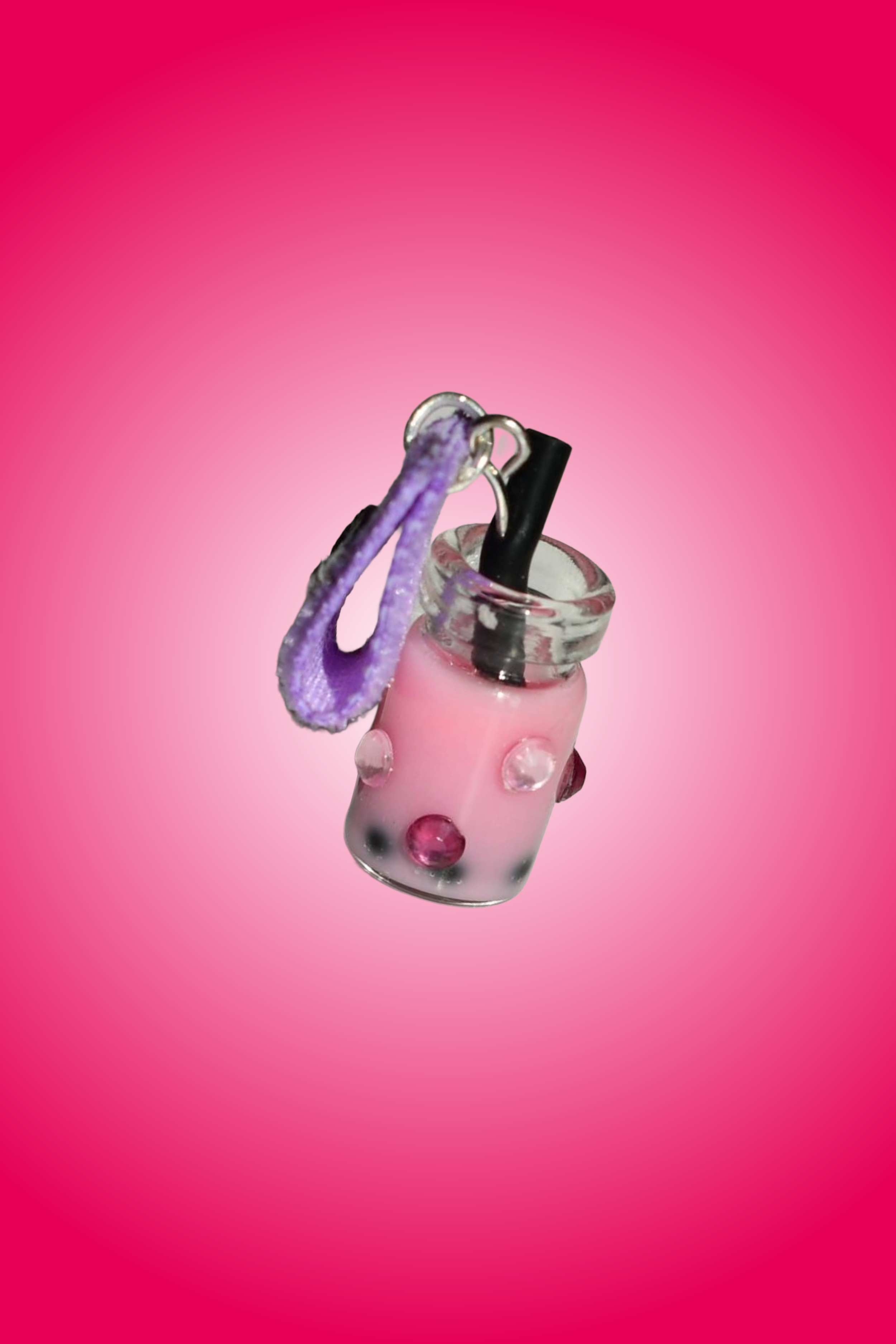 Dragon Fruit Boba Tea Charm attached to purple soft fabric holder