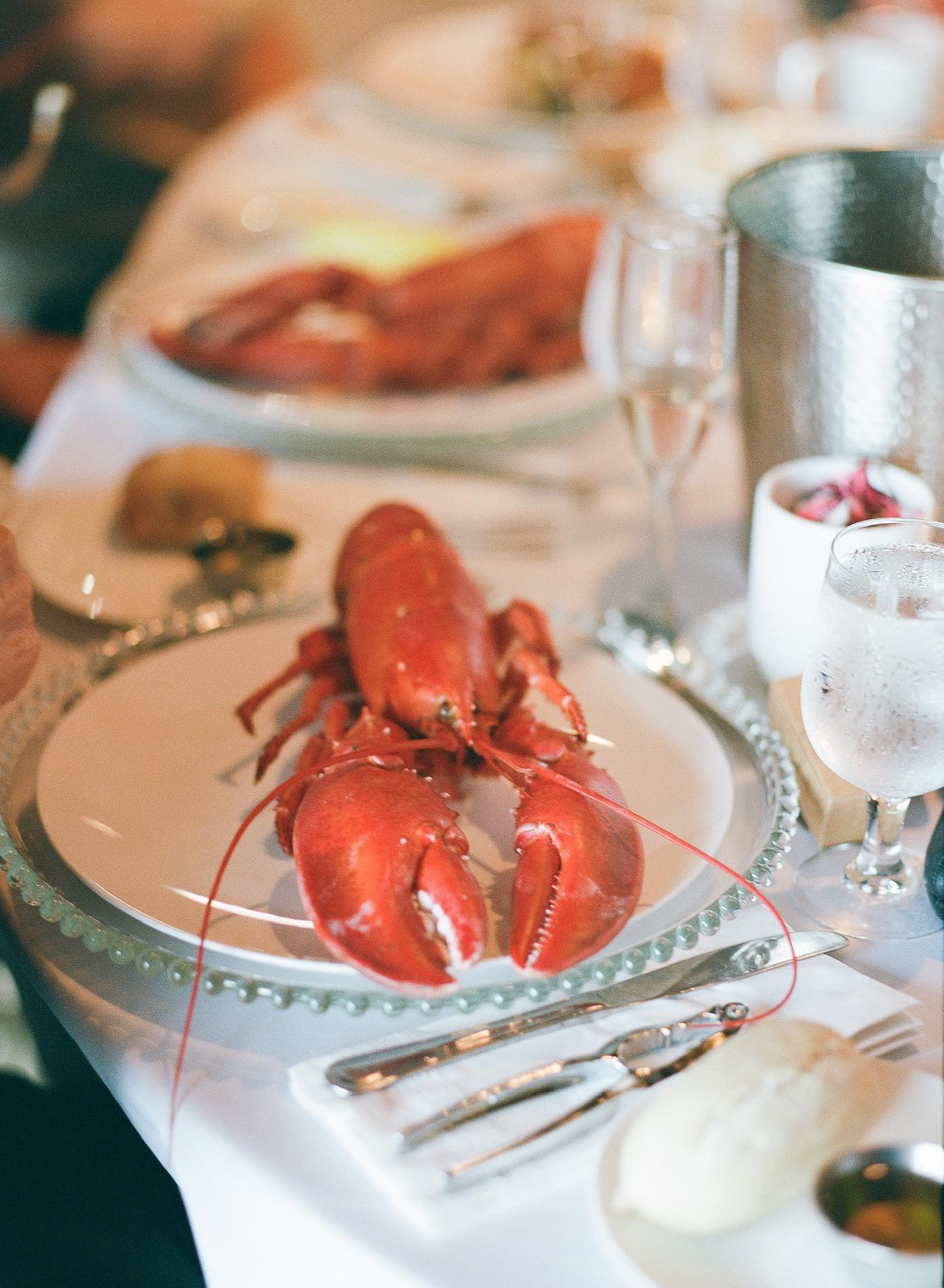 Cooked lobster on a white plate at a fine dining table setting with silverware, a glass of water, and a bread roll.