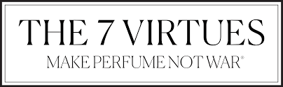 "The 7 Virtues" logo with the slogan "Make Perfume Not War" in black text on a white background.