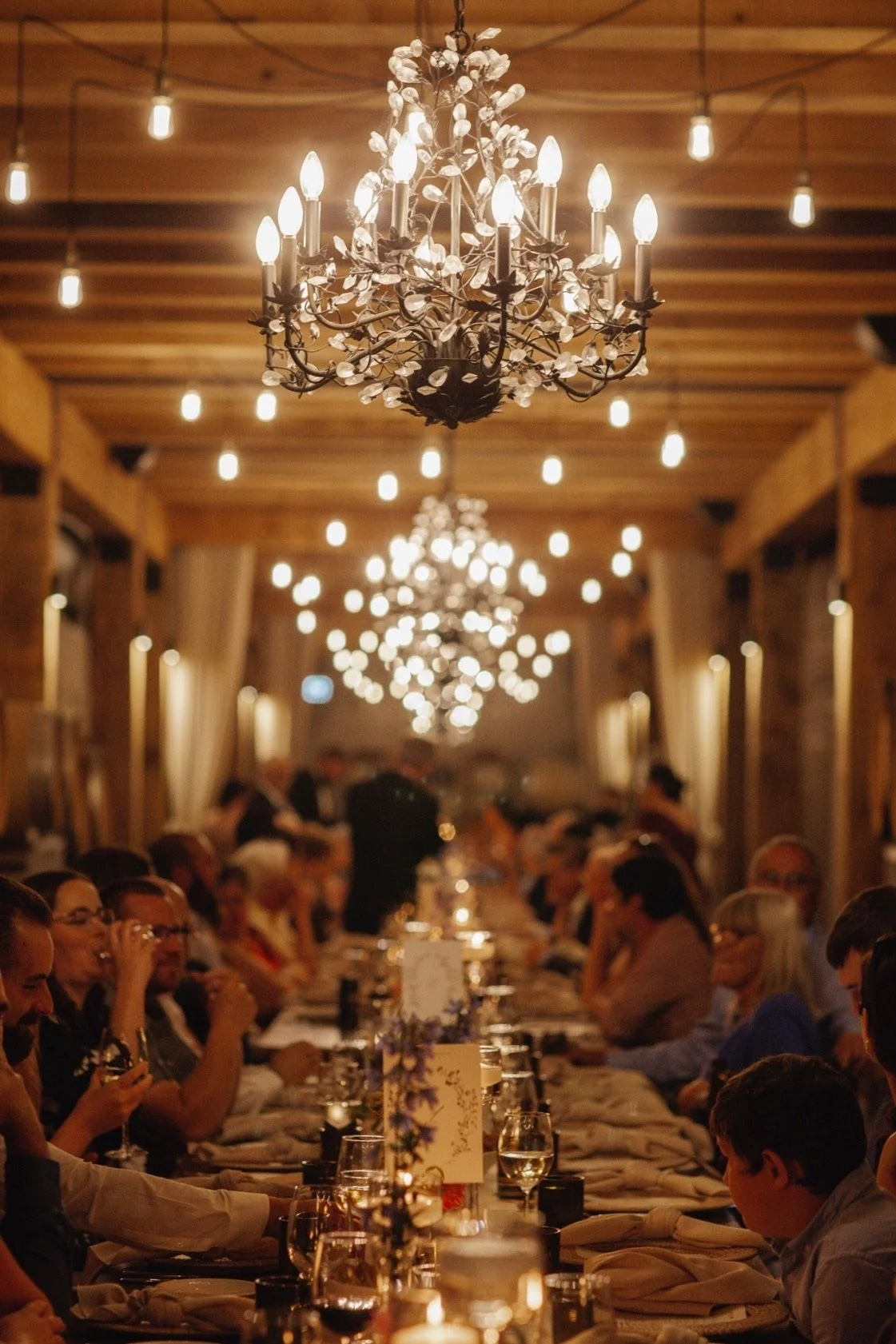 Elegant dinner gathering under chandeliers