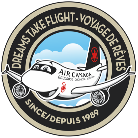 Cartoon airplane with "Air Canada" logo, smiling, surrounded by clouds and text "Dreams Take Flight-Voyage de Rêves, Since/Depuis 1989."