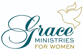 Logo for "Grace Ministries for Women" featuring stylized text and a dove outline.