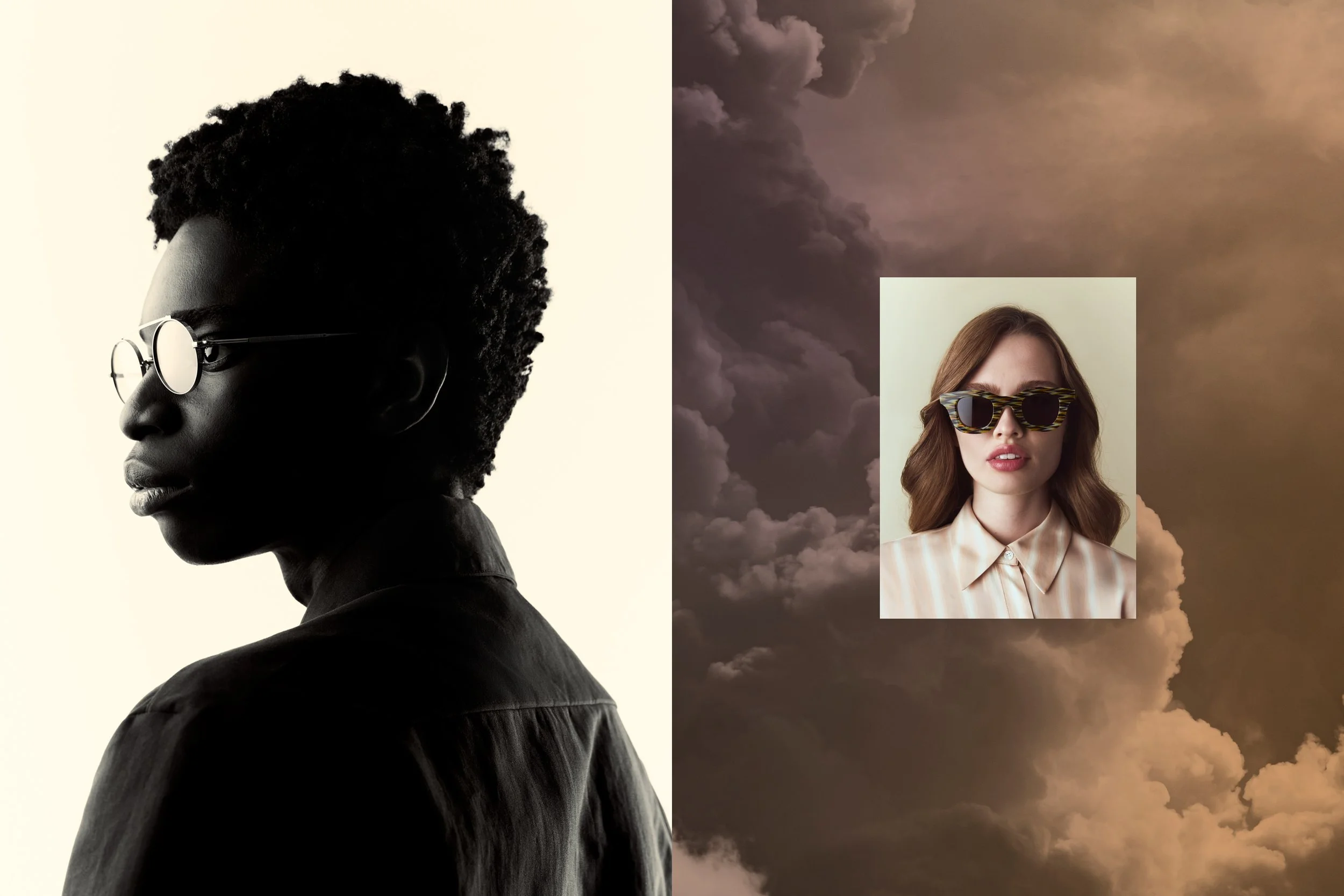 A black-and-white portrait of a man with short curly hair and glasses on the left, and a sepia-toned background with clouds on the right, featuring an inset photo of a woman with wavy hair and sunglasses.