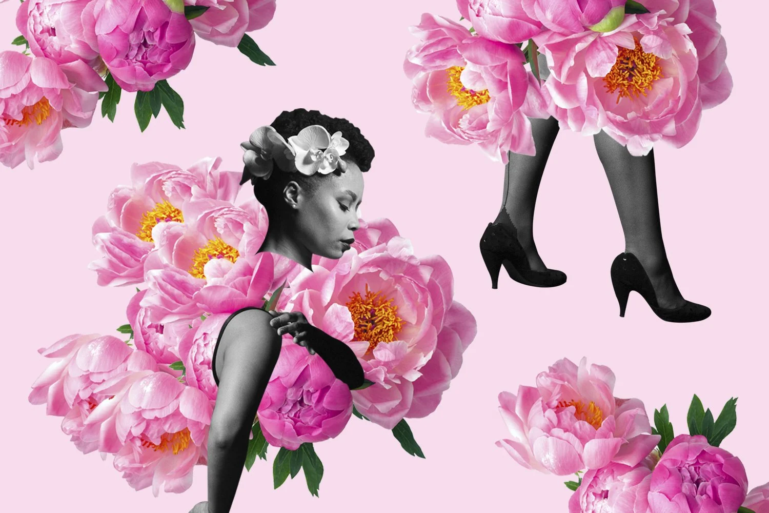 Collage of a woman with a floral headpiece, black heels, and stockings, surrounded by pink peony flowers on a light pink background.
