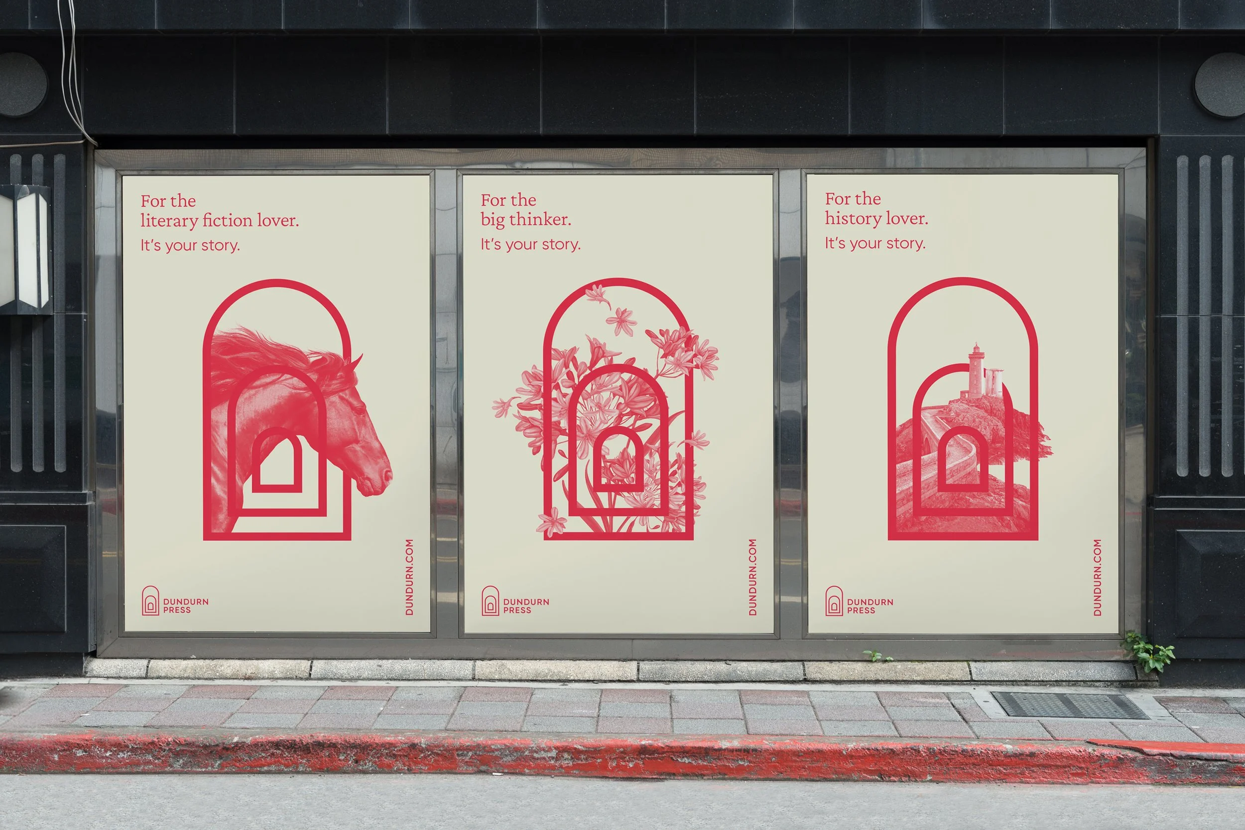 Three posters displayed on a wall, each with a red outline of a different landscape scene inside an arched window graphic, and text promoting different interests: literary fiction, big thinkers, and history lovers. The posters are from Dundurn Press.