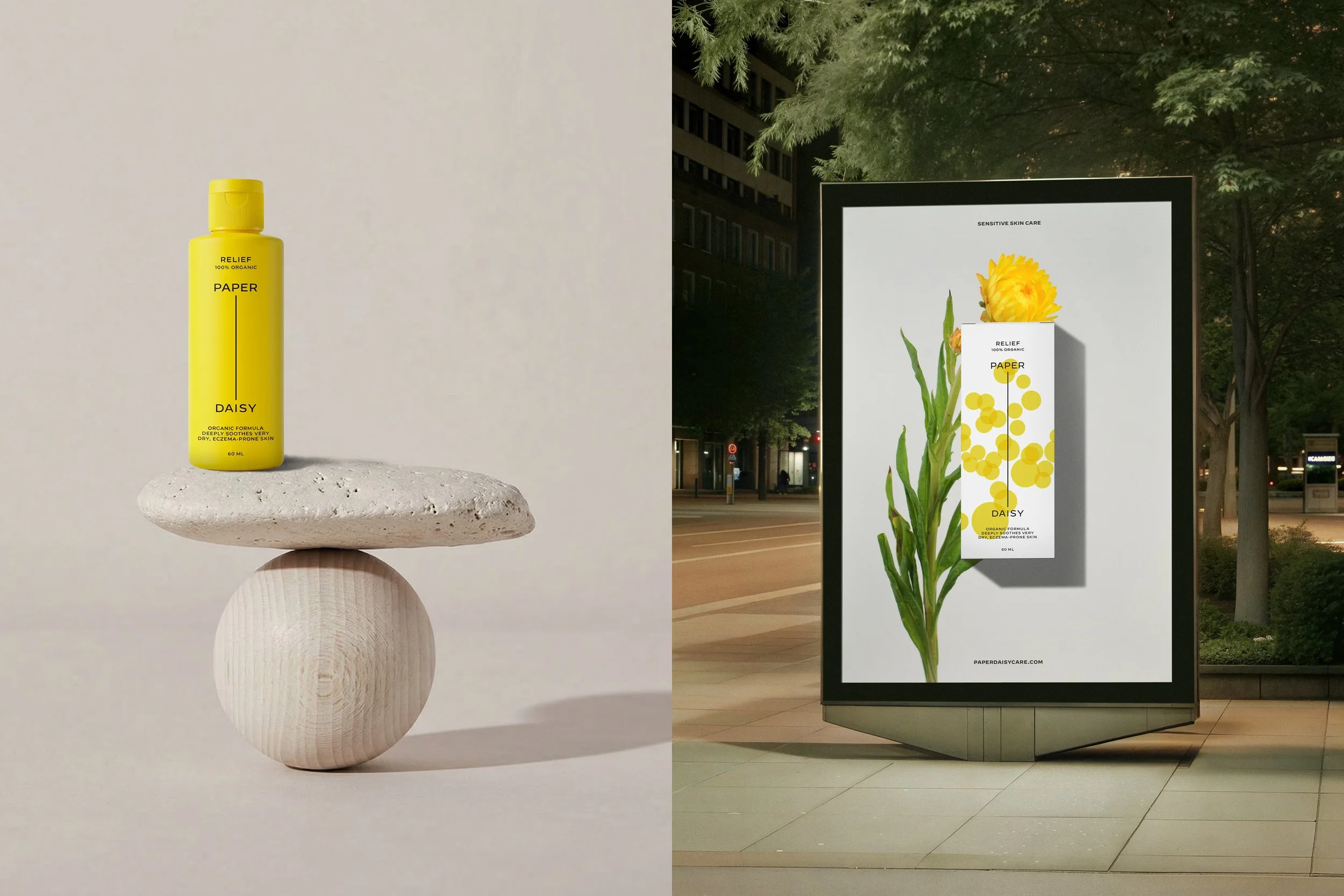 A pair of sunglasses on a white cylindrical platform on the left with a cloudy sky background, and a closed burgundy Spektacle case on a marble surface on the right.