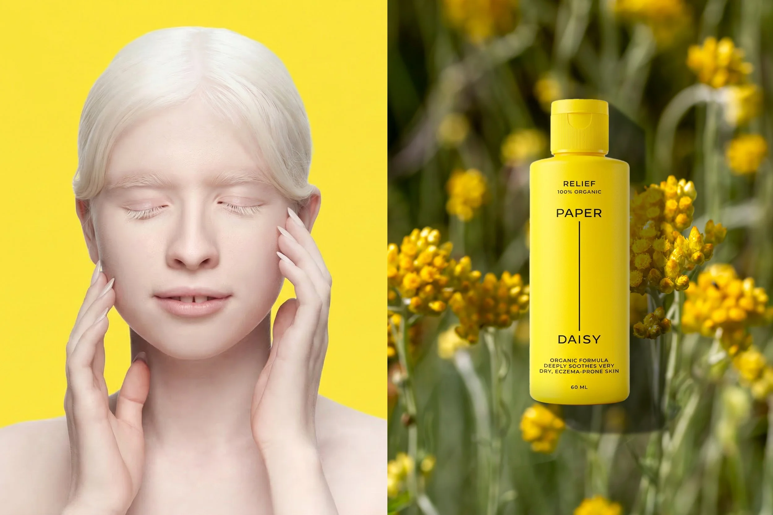 A woman wearing wide, zebra-striped sunglasses and a beige, striped button-up shirt, with a fabric cleaning cloth on a marble surface.