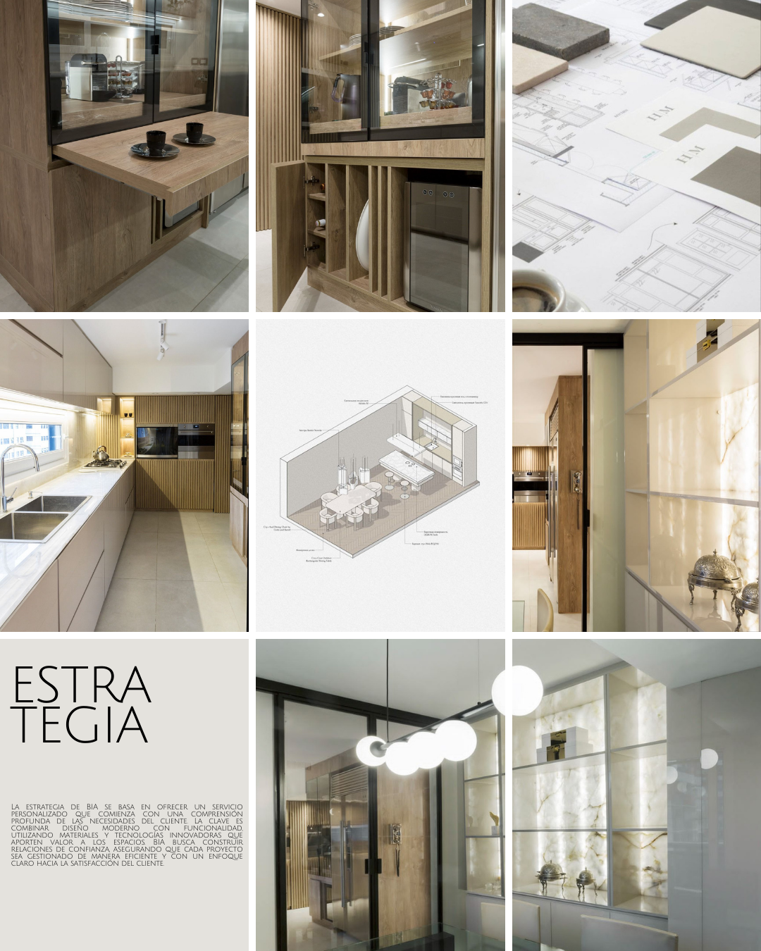Collage of interior design images showcasing kitchen and dining areas with modern wooden and white cabinetry, design plans, and project overview.