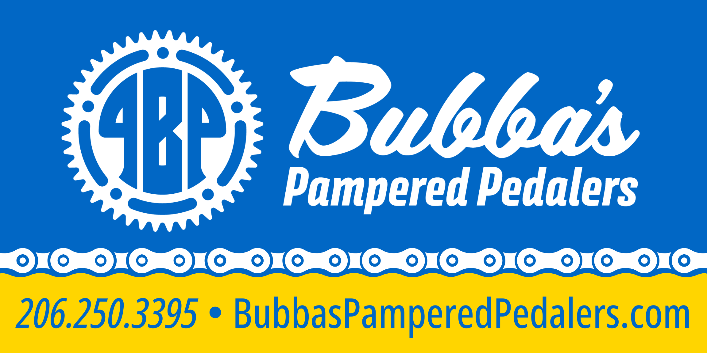 Logo of Bubba's Pampered Pedalers with a bicycle gear emblem, blue background, white and yellow text including contact phone number and website.