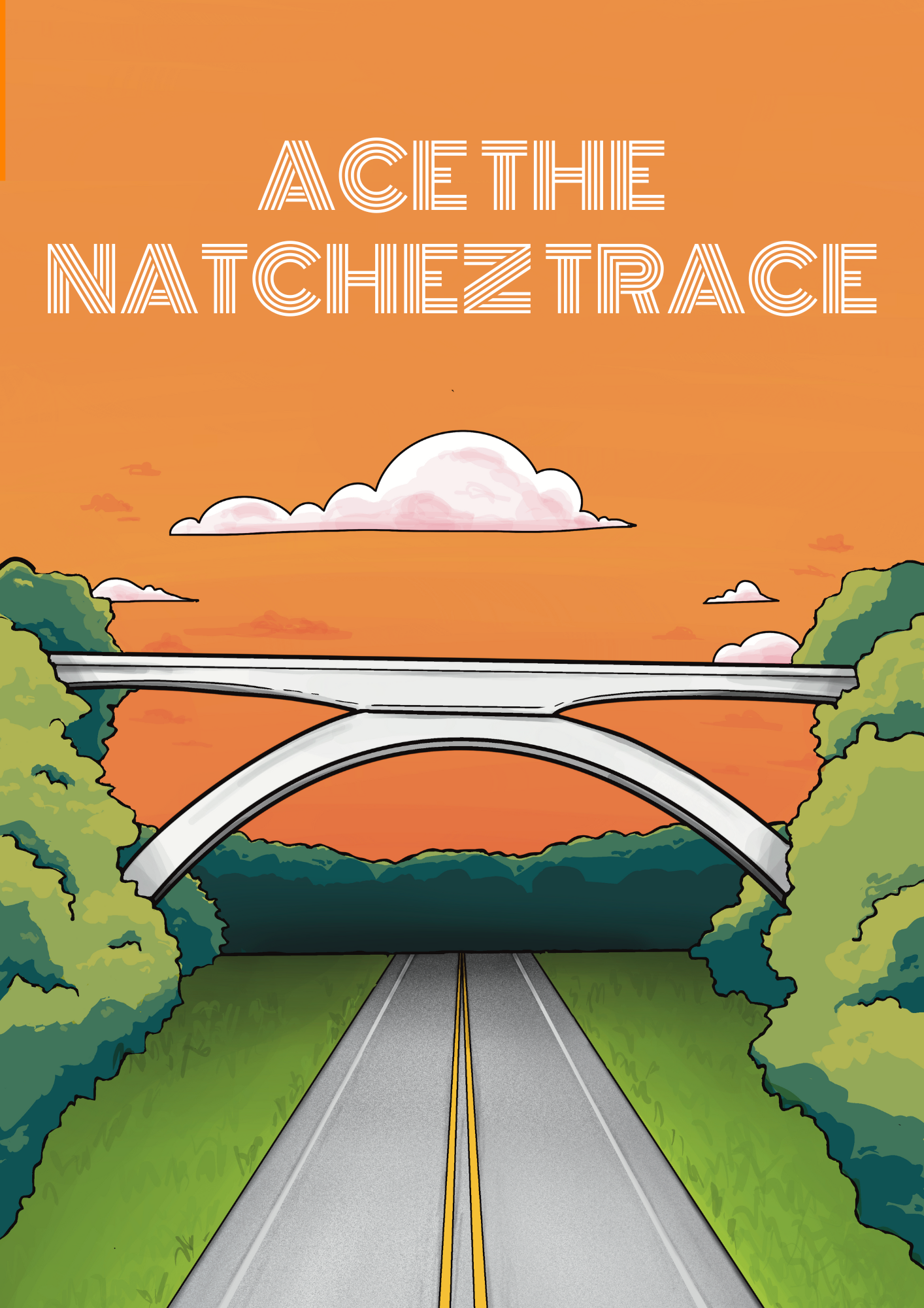 A drawing of a road with a bridge overhead and green trees on both sides, sunset sky with clouds, and the text 'Act the NachE TrACE' at the top.