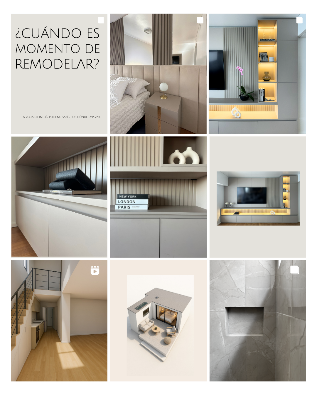 Collage of modern interior design images, including a bedroom with a beige headboard, a built-in bookcase with lighting, a white shelf with decorative objects, a minimalistic living space with a TV, a staircase with a small kitchenette, and a marble
