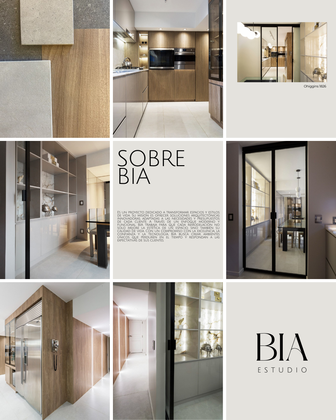 Collage of modern interior design photos including a kitchen, a hallway with wooden wall panels, a glass door leading to a dining area, and display shelves with decorative items, with text about BIA Studio and architectural solutions.