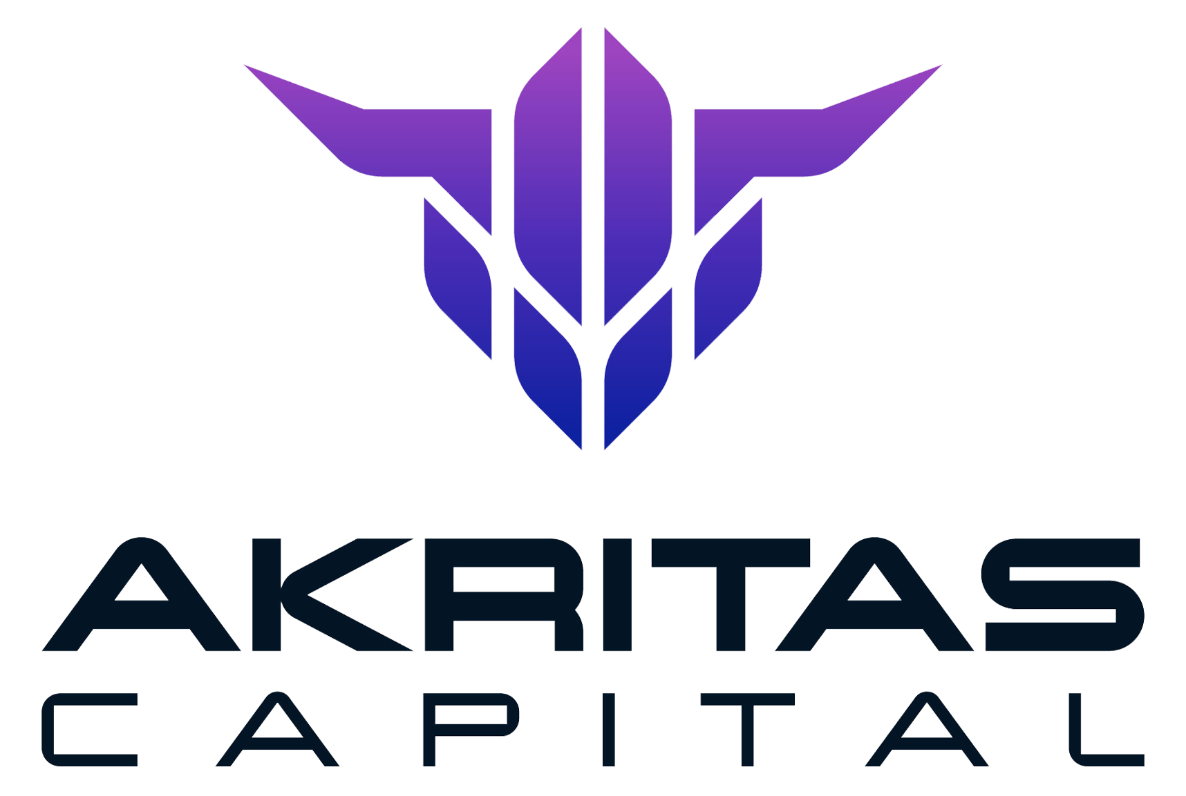 Abstract purple geometric logo above the word “AKRITAS” in dark blue lettering
