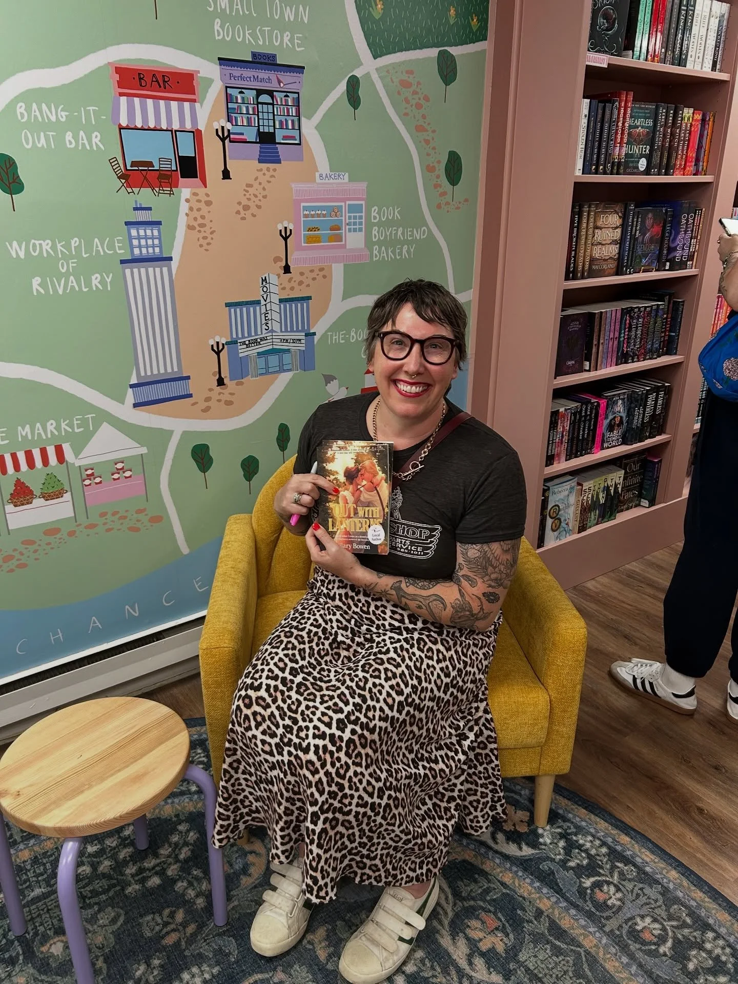 A little trip off the island to visit @perfectmatchbookshop on their big day. A road trip with my love and the chance to sign store copies of Out with Lanterns and leave some stickers and character art cards. It was phenomenal to meet Amy and Alyssa 
