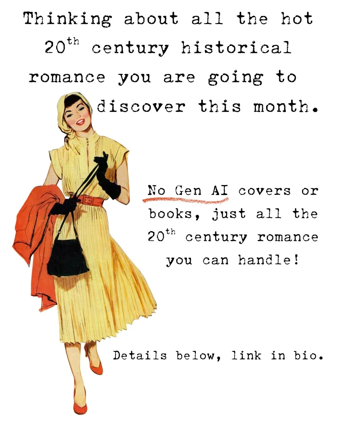 Get yourself to the link in my bio to discover a wild and wonderful variety of eras in the 20th century romance promo!! NO gen AI in any of the books or covers, plus steam levels from cracked door to flung wide open! Go forth and enjoy, loves!