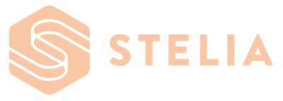 Logo with hexagonal shape and "STELIA" text in beige color.