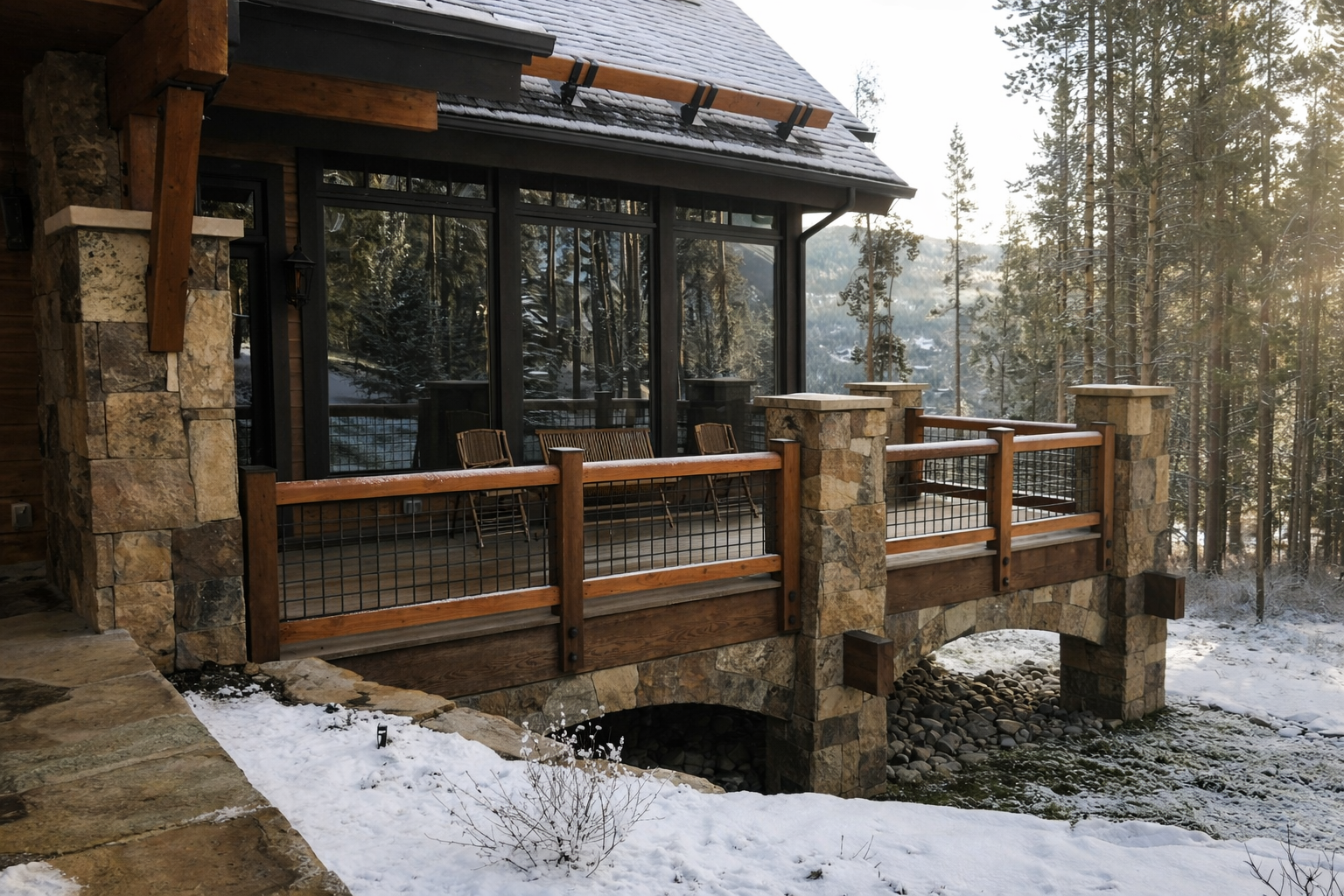 Luxury mountain cabin exterior with stone pillars and wood deck in winter by Gold Hill Builders Evergreen Colorado